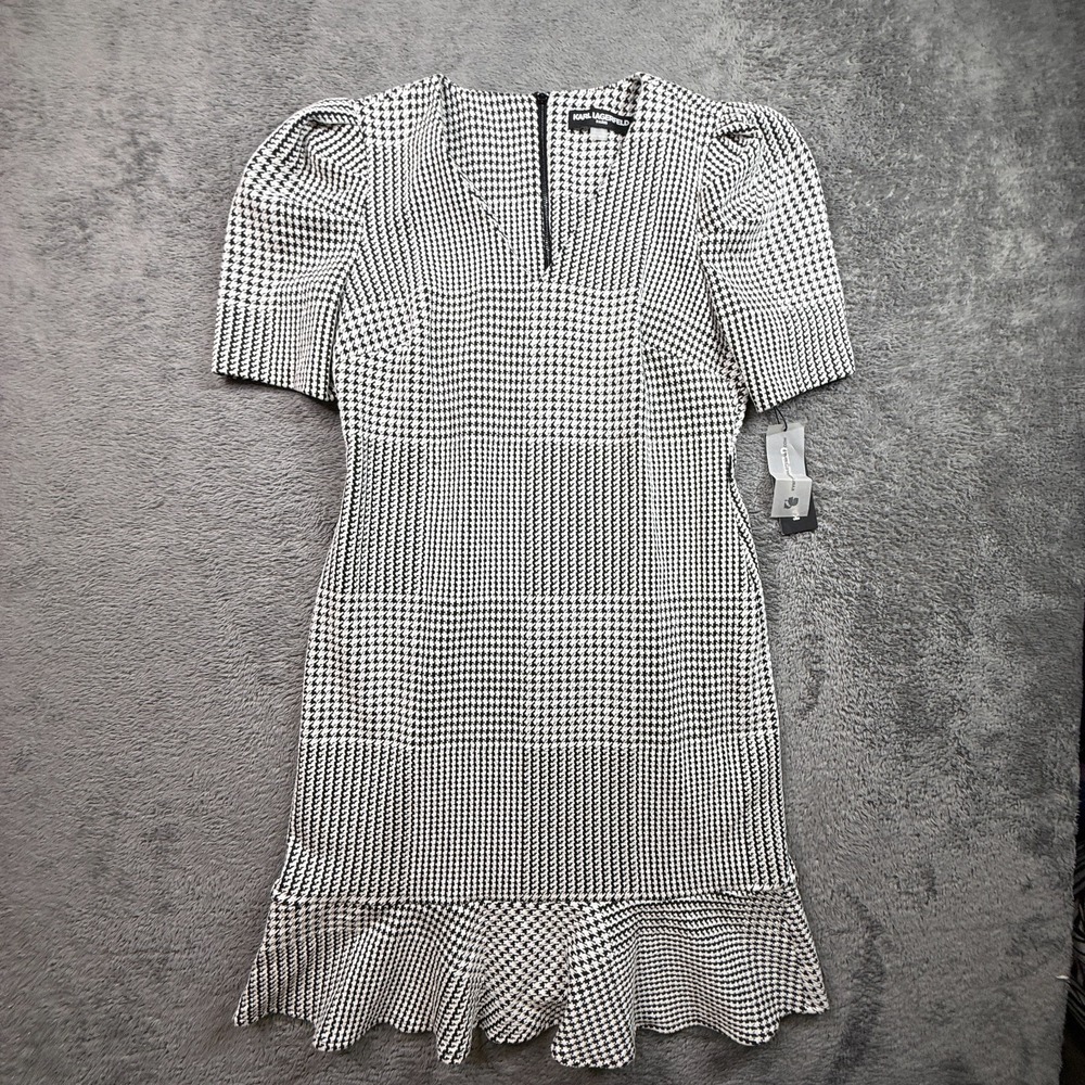 Karl Lagerfeld Paris Houndstooth Knit Puff Sleeve Dress NWT Womens 12 Black Wht